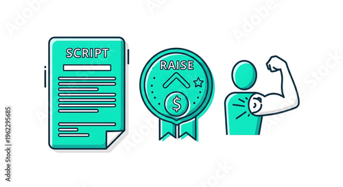 A vector graphic illustration of a script, a raise badge, and a flexing person with a dollar sign, representing business and finance concepts.