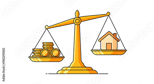 A vector graphic illustration of a balance scale weighing coins against a house, symbolizing financial decisions and investments in real estate.