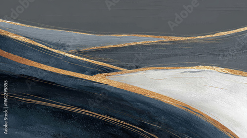 Elegant Abstract Painting with Gold and Dark Blue Tones