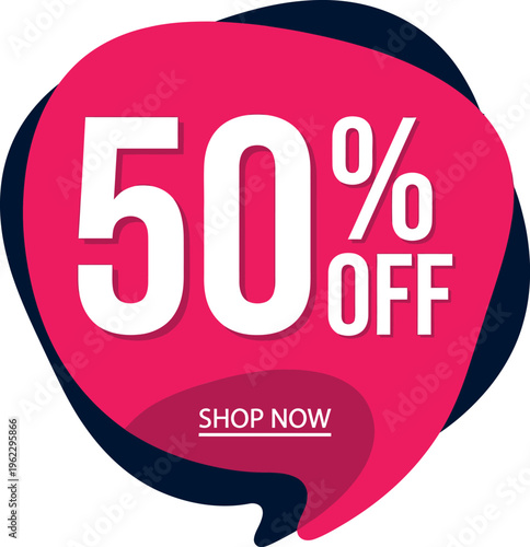 Modern 50 percent off sale sticker, vibrant pink discount tag, half price promotion vector icon