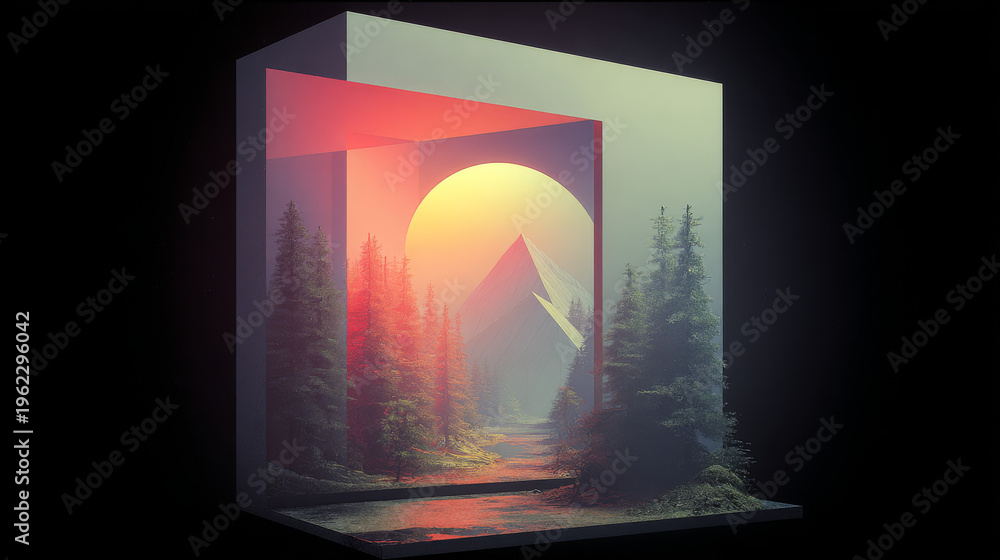 Fototapeta premium Surreal Forest Landscape with Geometric Frames and Glowing Sun