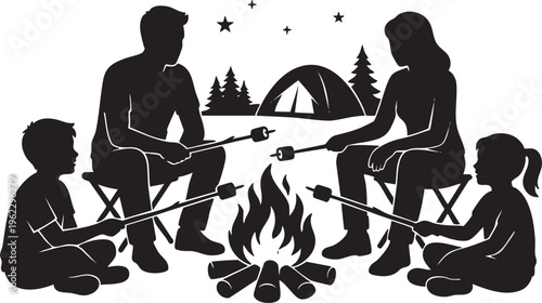 A heartwarming silhouette illustration of a family enjoying a cozy evening camping, roasting marshmallows together by a warm campfire under the starry night sky