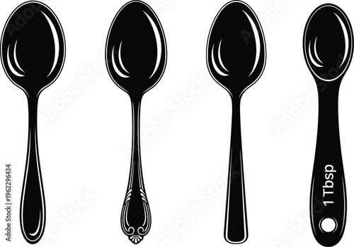 Spoon Silhouettes Collection with Different Styles Including Measuring Spoon, Kitchen Cutlery Set for Cooking, Baking and Dining Vector Illustration Design