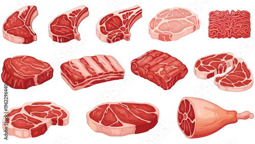Diverse collection of raw meat cuts including steaks, ribs, chops, and minced meat displayed on a clean white background.