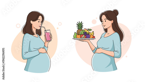 Health-conscious pregnant women depicted enjoying a nutritious diet with a fresh fruit platter and a glass of pink juice.