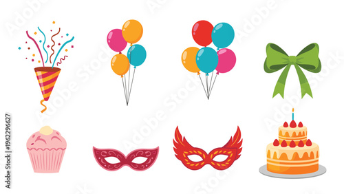Colorful collection of party celebration items including balloons, cake, masks, party horn, and a decorative green bow.