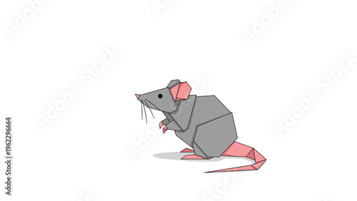 Detailed origami rat model crafted from grey and pink paper, demonstrating the intricate art of japanese paper folding.