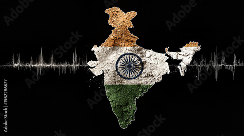 India's Pulse: ECG Waves Over Flag Map on Cracked Black Background – High-Contrast, Hyper-Realistic Digital Art