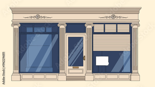 Elegant classic storefront design with large display windows, decorative columns, and a sophisticated entrance for a luxury boutique.