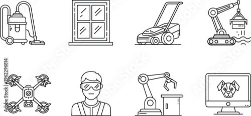 Technology and Home Equipment Icons Set with Robot Arm, Drone, Vacuum Cleaner and Smart Devices, Modern Lifestyle and Automation Vector Illustration Collection