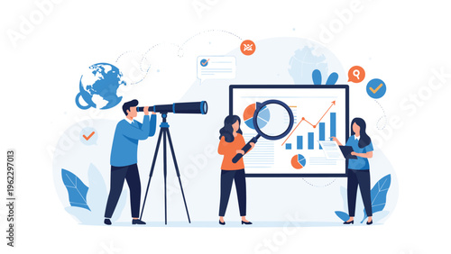 Business professionals conducting market research and data analysis using a telescope, magnifying glass, and financial charts.