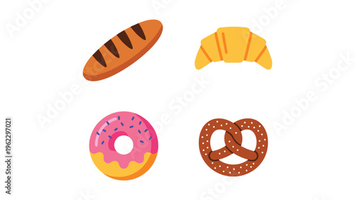Four types of popular baked and sweet treats displayed in a playful cartoon style
