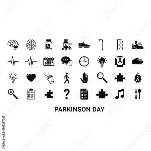Parkinsons day awareness icons set with brain, medication, and mobility symbols vactor file