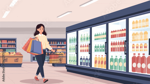 Young woman with shopping bags and a basket walking through a modern grocery store aisle with refrigerated drinks and shelves.