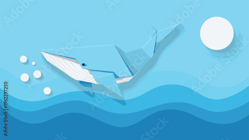 Majestic blue origami whale swimming through stylized paper waves under a bright white moon in a creative paper world ocean.