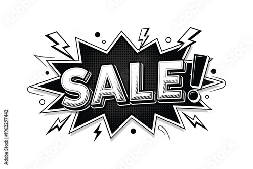 Black and white sale sign with exclamation mark and lightning bolts.
