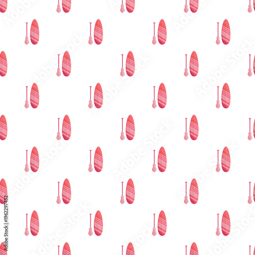 Pink stand up paddle board and paddle repeating as a summer seamless pattern