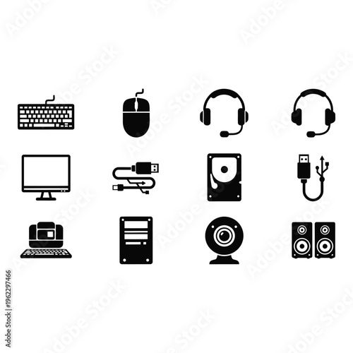 Collection of computer and technology icons in black on vactor file