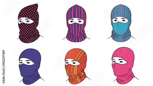 Collection of balaclavas and face masks featuring different colors and patterns like polka dots and stripes for winter protection.