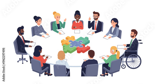 Diverse Business Team Collaborating at Meeting Table with Puzzle Pieces. Inclusion, Problem-Solving & Strategic Integration.