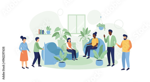 Diverse Team Collaboration in Modern Green Office Space Illustration