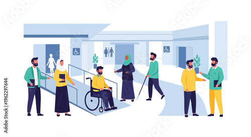 Inclusive Public Space Illustration: Diverse People, Wheelchair User, Visually Impaired Person, and Accessibility