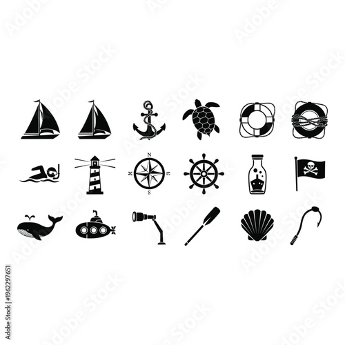 Collection of nautical icons featuring various black maritime symbols on a vactor file