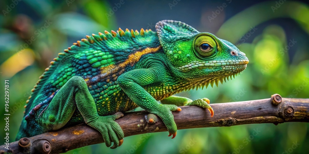 Obraz premium A Vibrant Green Chameleon Perched on a Branch, Showcasing its Intricate Scales and Striking Coloration in a Lush Natural Habitat