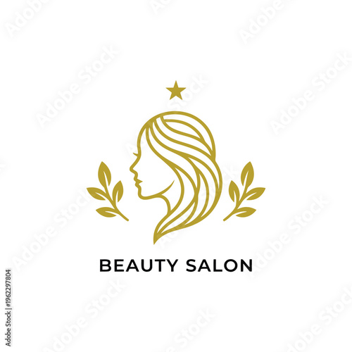 Elegant Beauty Salon Logo Featuring a Womans Silhouette and Leaves.
