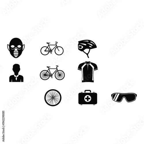 A set of nine black and white bicycle icons on a vactor file