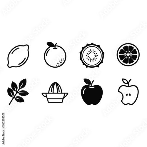 A set of black and white icons featuring various fruits and a juicer on a vactor file
