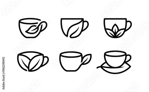 Minimalist tea cup designs with leaf elements for branding.