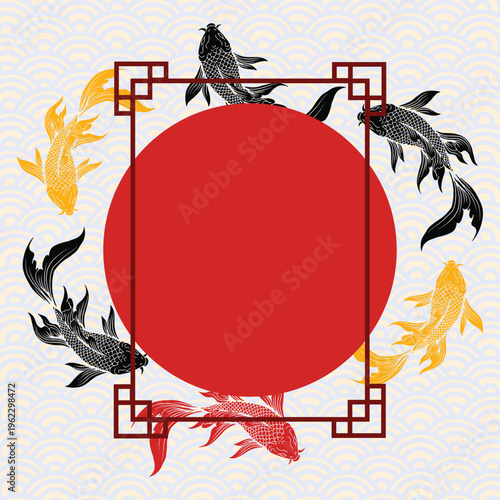 Japanese Koi Fish Background – Oriental Pattern with Red Sun Frame Asian Style Vector Illustration