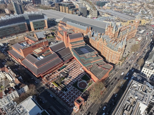 The British Libary Euston Road London drone aerial view