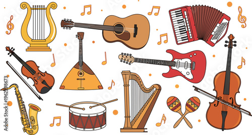 Hand drawn vector illustration of musical instruments including guitar violin saxophone drum and harp on white background.