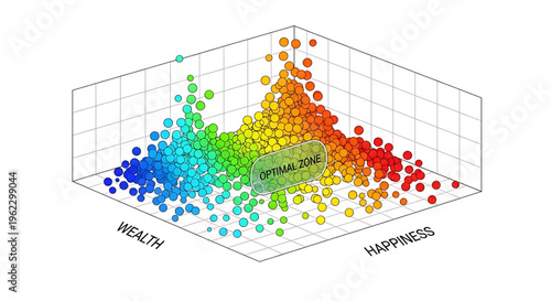 A 3D scatter plot illustrating the relationship between wealth, happiness, and an optimal zone for success and well-being.