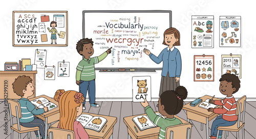 Diverse elementary school students actively learning vocabulary with their teacher in a modern classroom, using an interactive whiteboard and flashcards.