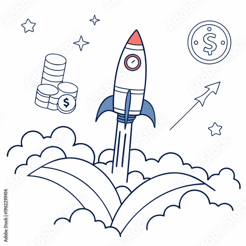 Rocket ship launching into clouds with coins and stars, symbolizing business growth and success in a creative illustration
