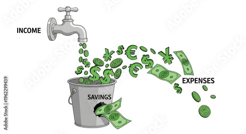 A vector graphic illustrating the concept of managing finances with income flowing into savings and expenses draining out
