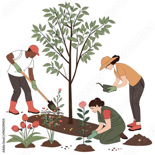 Three people gardening together planting flowers and a tree outdoors in a garden