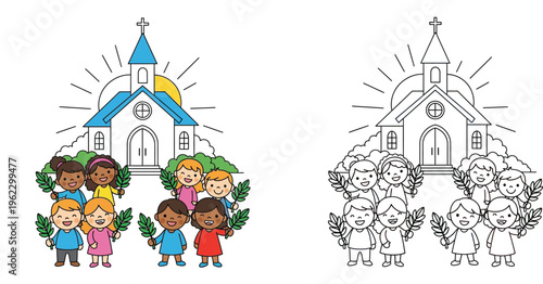 Happy Children with Palm Branches Outside a Church - Palm Sunday Celebration