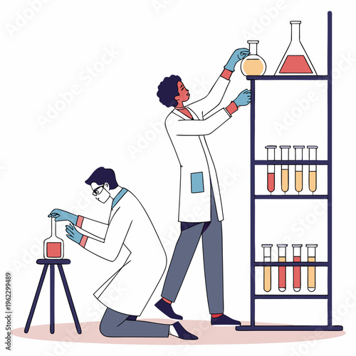 Two scientists working with laboratory equipment and colorful liquids in a lab setting with various test tubes and flasks on a shelf
