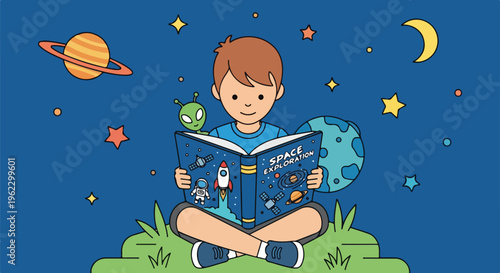 A young boy immersed in a space exploration book, surrounded by planets, stars, and an alien, fostering imagination and learning about the cosmos.