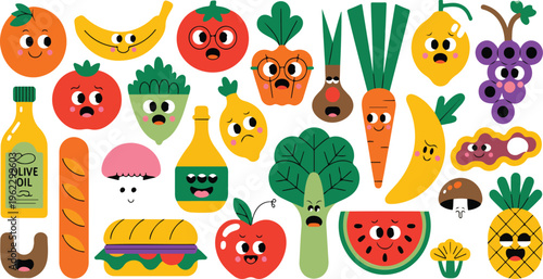 Big collection of cartoon food characters with cute smiling faces, colorful kawaii style mascots for kids, menu, and playful design