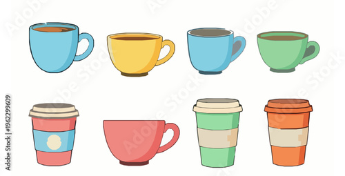 Cute Cartoon Coffee and Tea Cups Vector Set with Colorful Drinkware