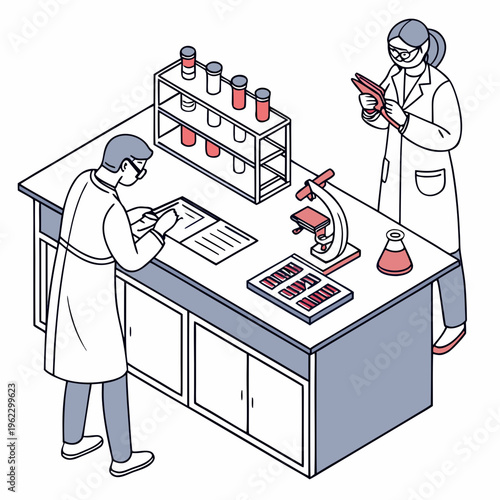 Two scientists working in a laboratory with various scientific equipment and tools on the table