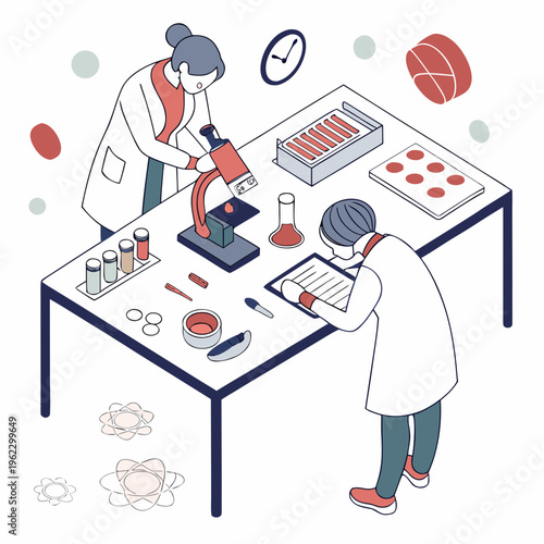 Two scientists working at a laboratory table with various equipment and tools for experiments and research purposes every day