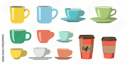 Colorful Tea and Coffee Cups Vector Set in Flat Minimalist Style