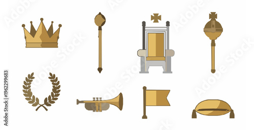 Modern Royal Icons Vector Set with Crown Scepter Throne and Flag