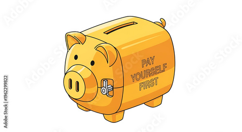 A cartoon piggy bank with a motivational phrase 'Pay Yourself First' for financial planning and savings.